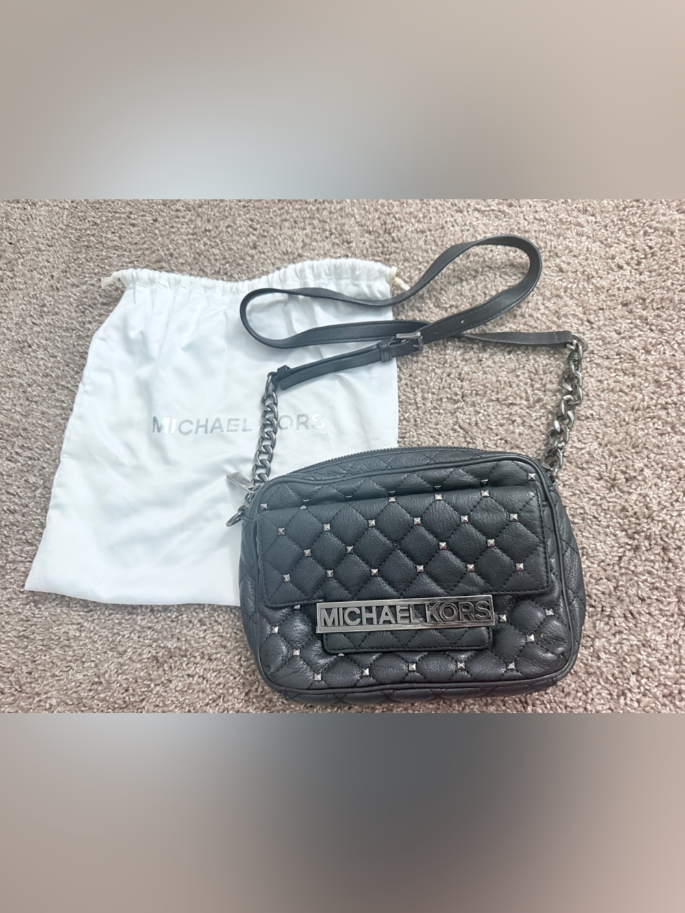 Michael Kors Black Quilted Studded Leather Crossbody Camera Bag Silver Hardware